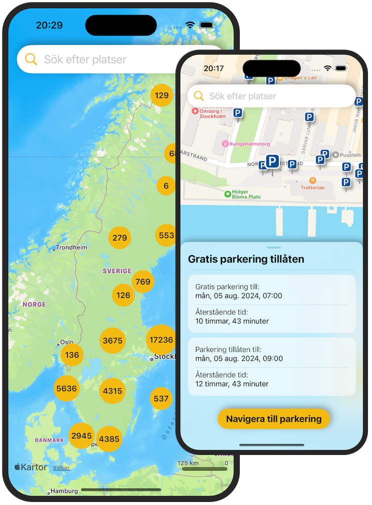 En kombination av två skärmdumpar: en som visar kartan över Sverige med 42 000 parkeringsplatser och den andra som visar informationen som Parkopilot presenterar för varje parkeringsplats.